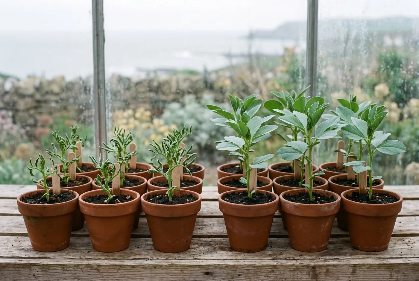 Two rows of potted broad bean seedlings side by side, healthy control plants next to ferny distorted ones, on a greenhouse bench