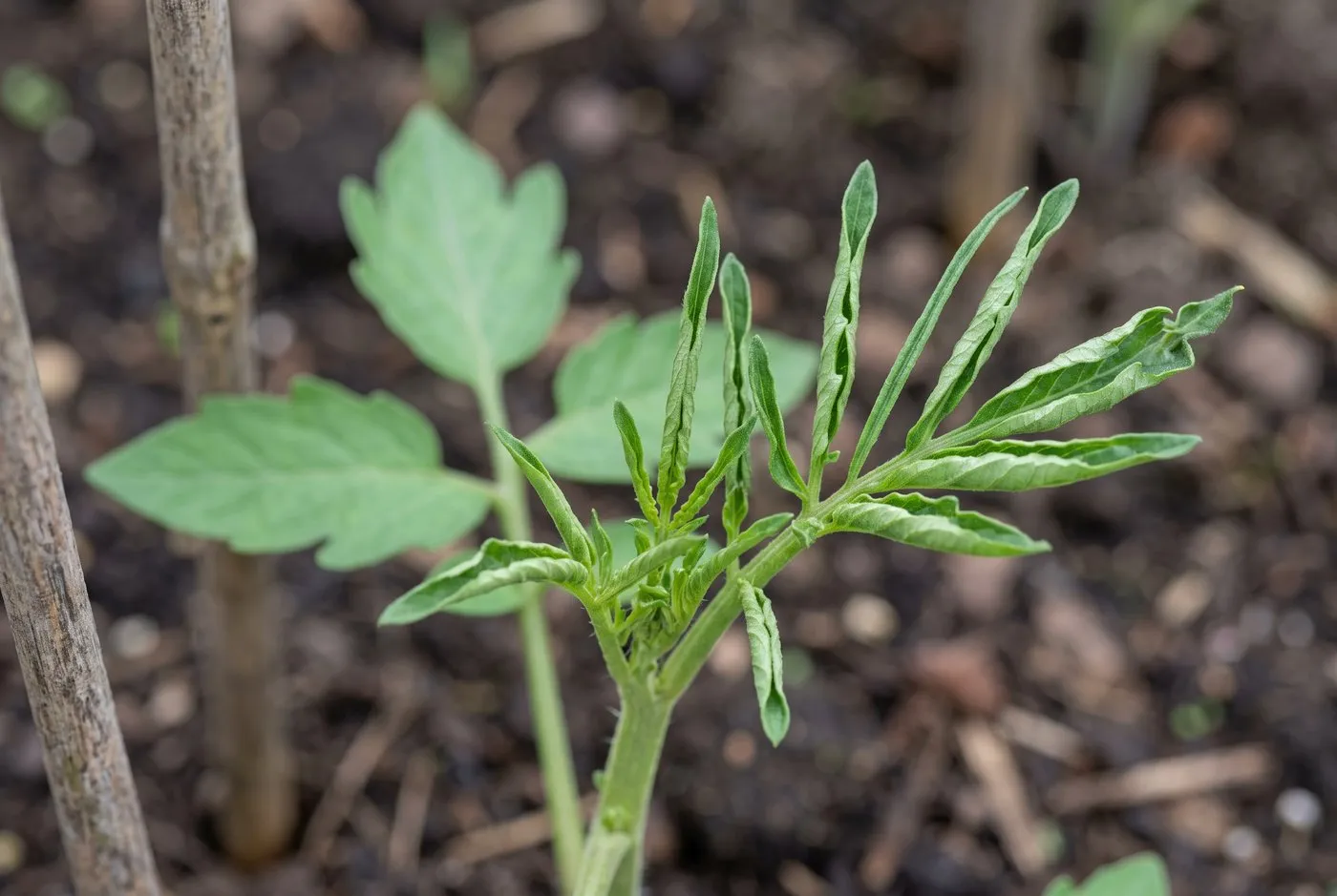 Close-up of ferny, cupped tomato leaves showing classic aminopyralid contaminated manure damage in a UK garden