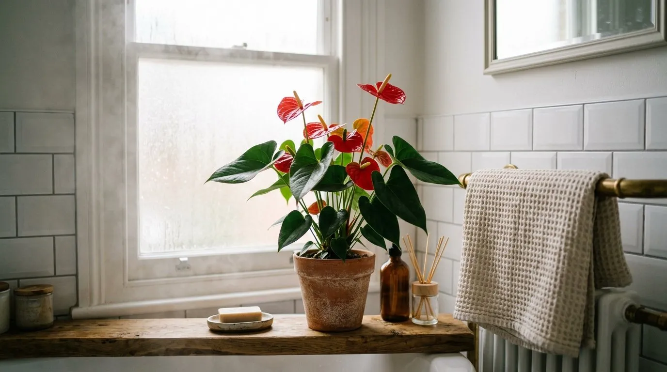 Anthurium thriving on a bright bathroom shelf in a UK terraced house with steam in the air