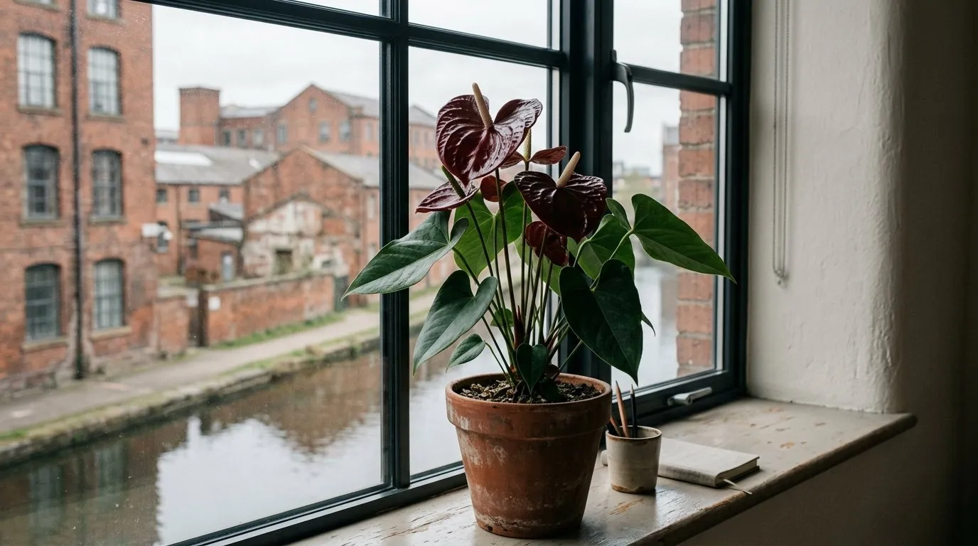 Deep red anthurium on a Manchester apartment windowsill with canal and mill buildings beyond