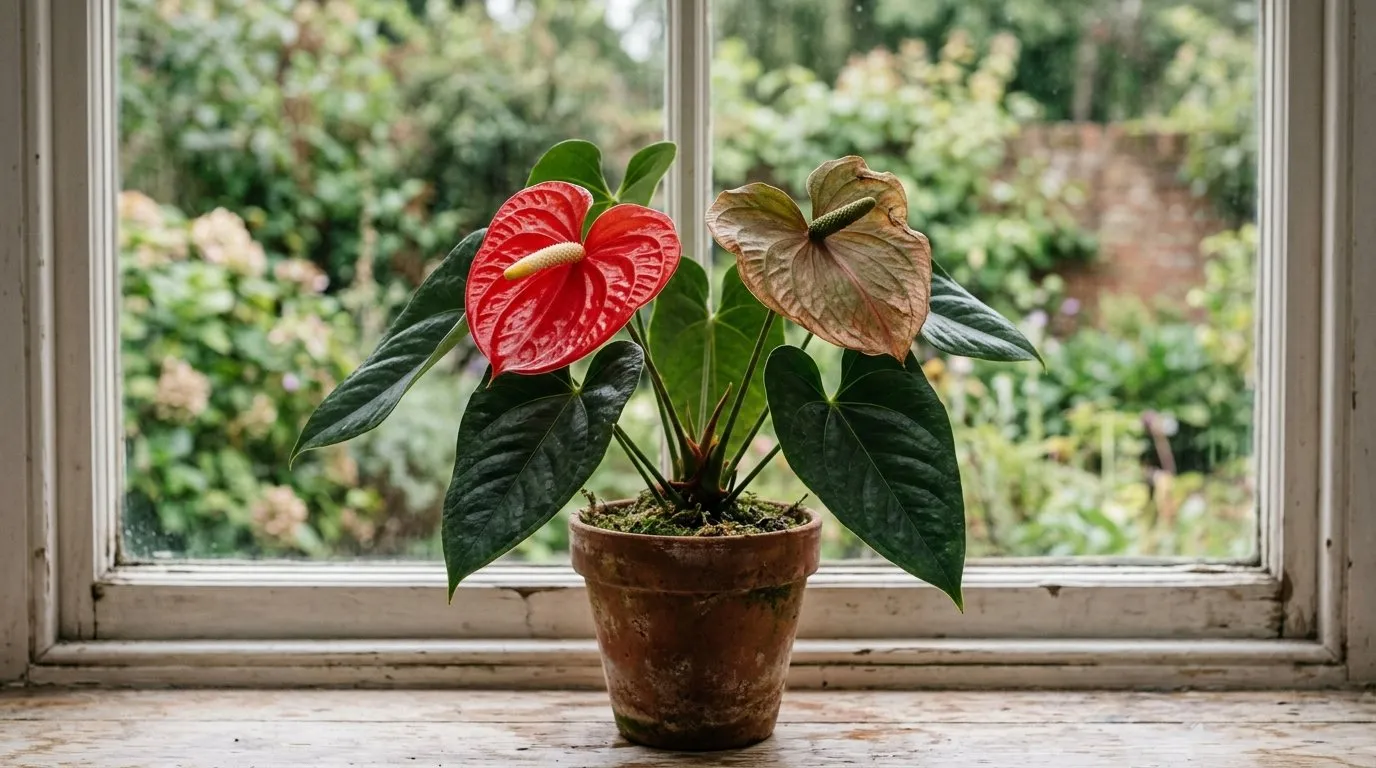 Older anthurium bloom fading from red to green beside a fresh spathe on the same plant
