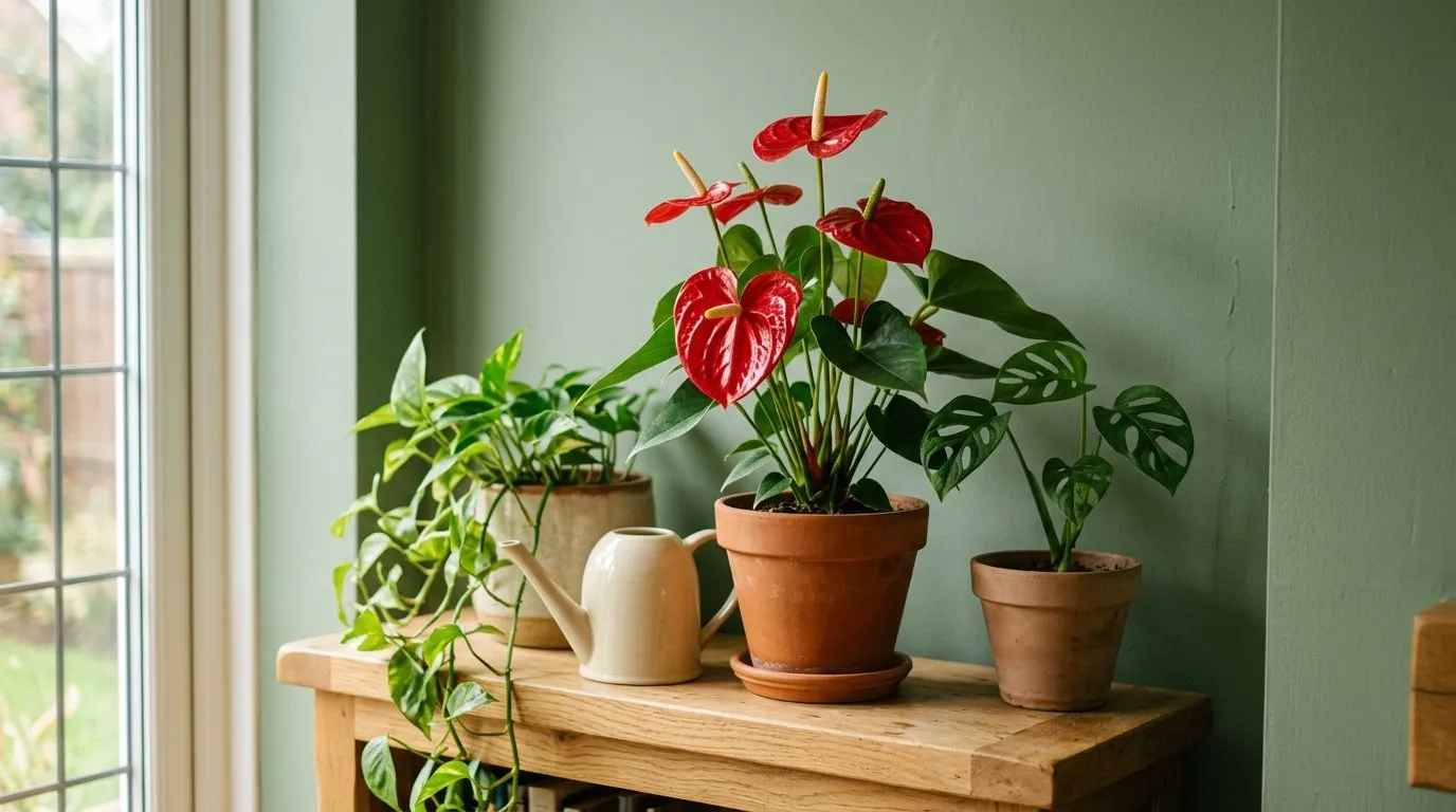 Anthurium and other houseplants grouped on a living room shelf in a suburban UK semi