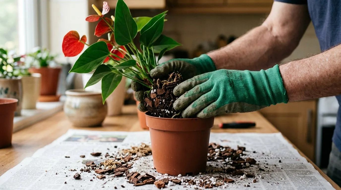 Gloved hands repotting an anthurium into chunky orchid bark mix on a newspaper-covered kitchen table
