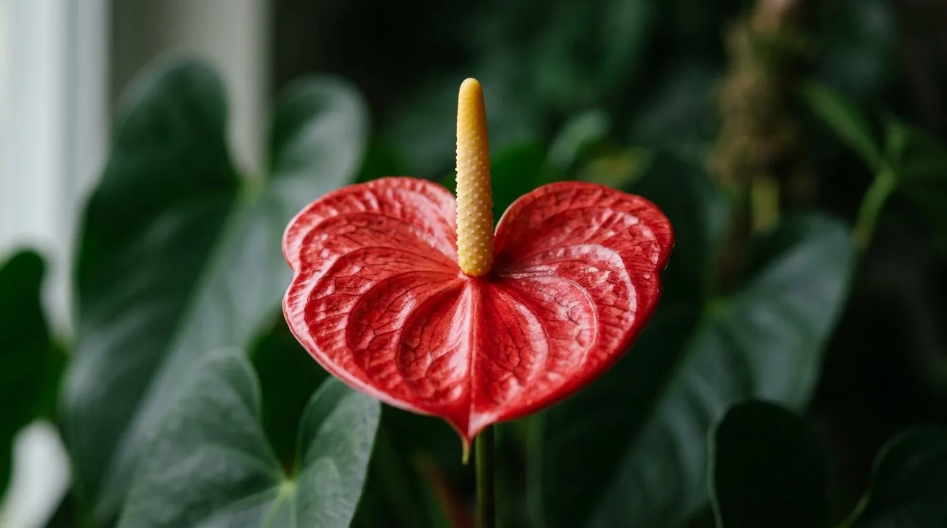 Close-up of an anthurium spathe and cream spadix showing the glossy heart-shaped modified leaf