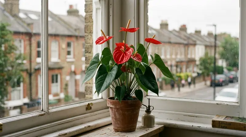 Red anthurium in flower on a city flat windowsill with London brick terraces visible outside