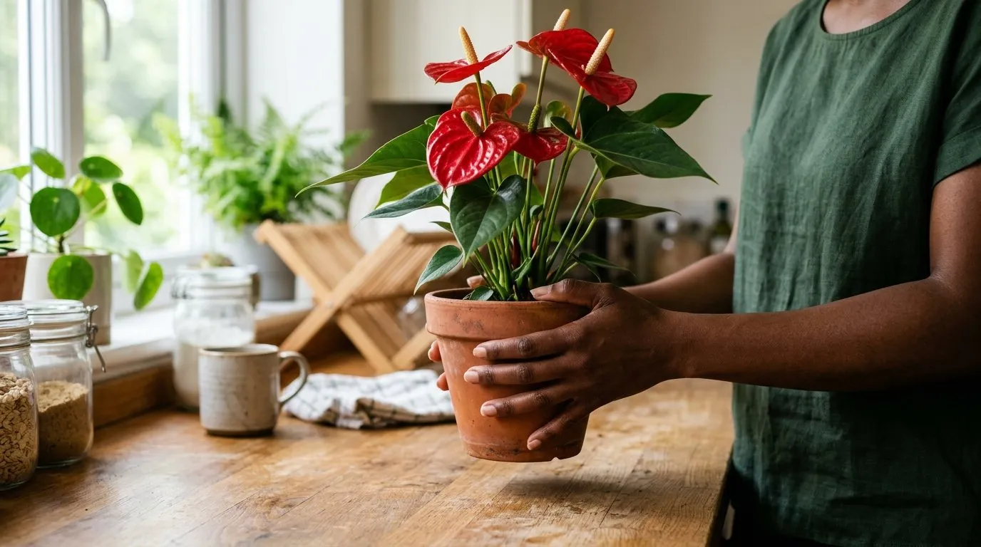 Hands lifting an anthurium pot over a kitchen worktop to check its weight before watering