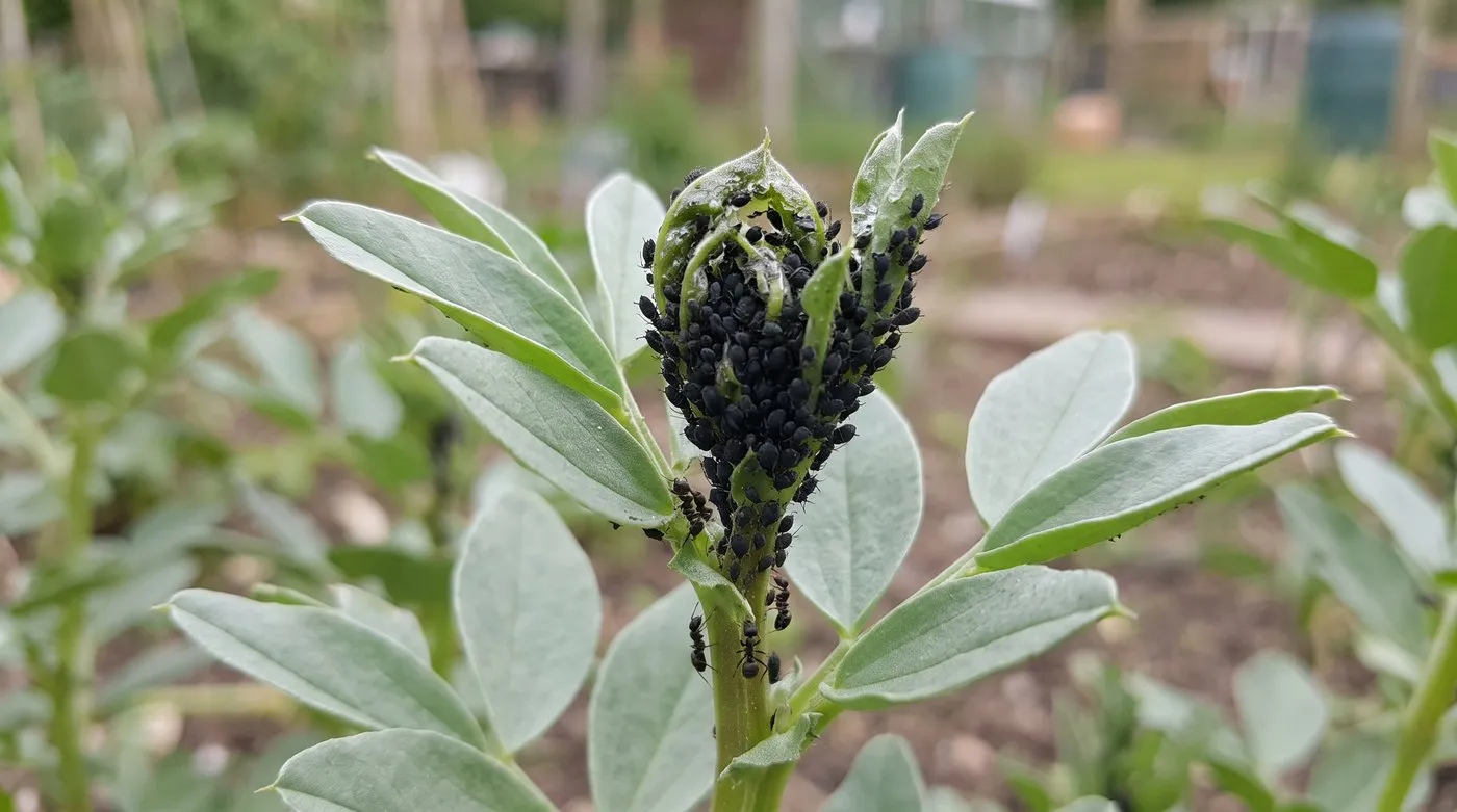 Black garden ants tending a dense colony of black bean aphids on a broad bean shoot tip