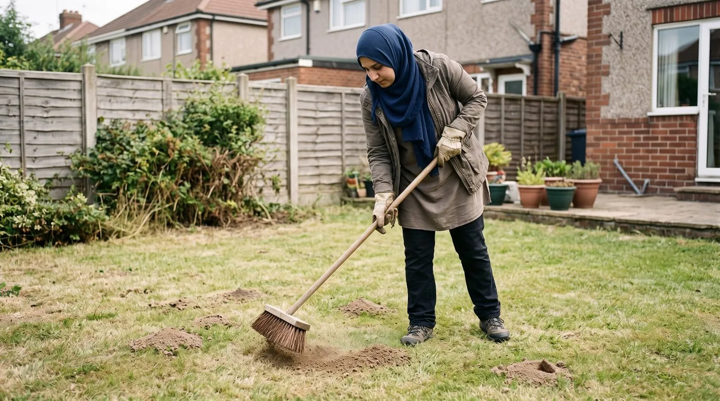 Gardener brushing small heaps of fine soil from ant hills across a lawn with a stiff broom