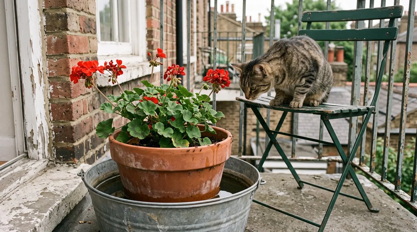 Pot of geraniums standing in a bucket of water to flush out an ant nest, with a cat watching