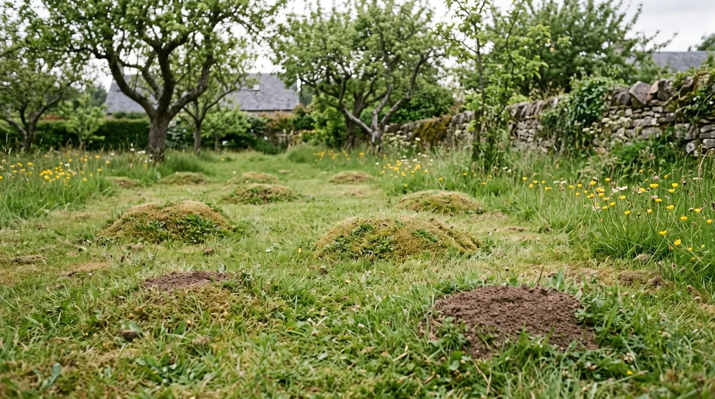 Low grass-covered yellow meadow ant mounds dotted across an informal lawn