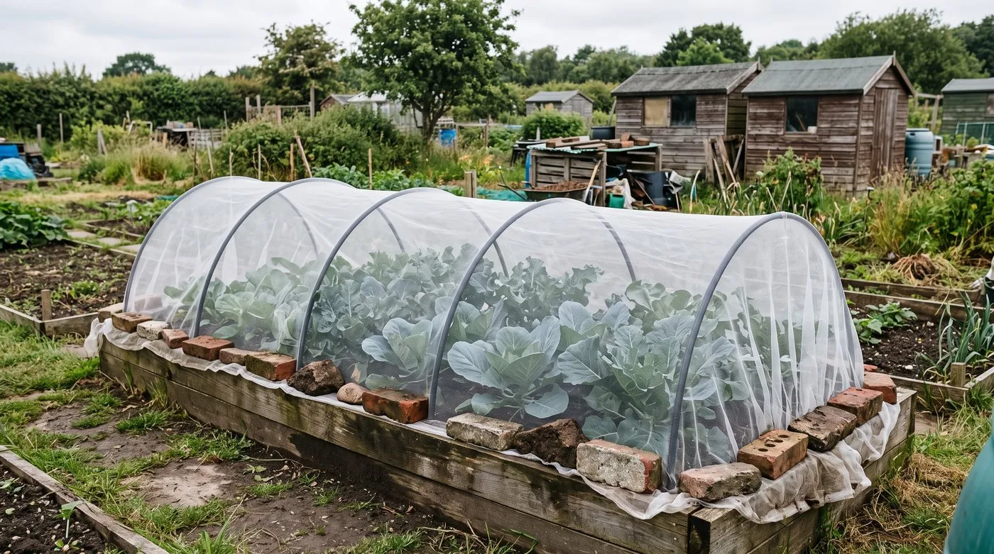 Brassicas covered with fine insect mesh on hoops to keep aphids and cabbage whites off