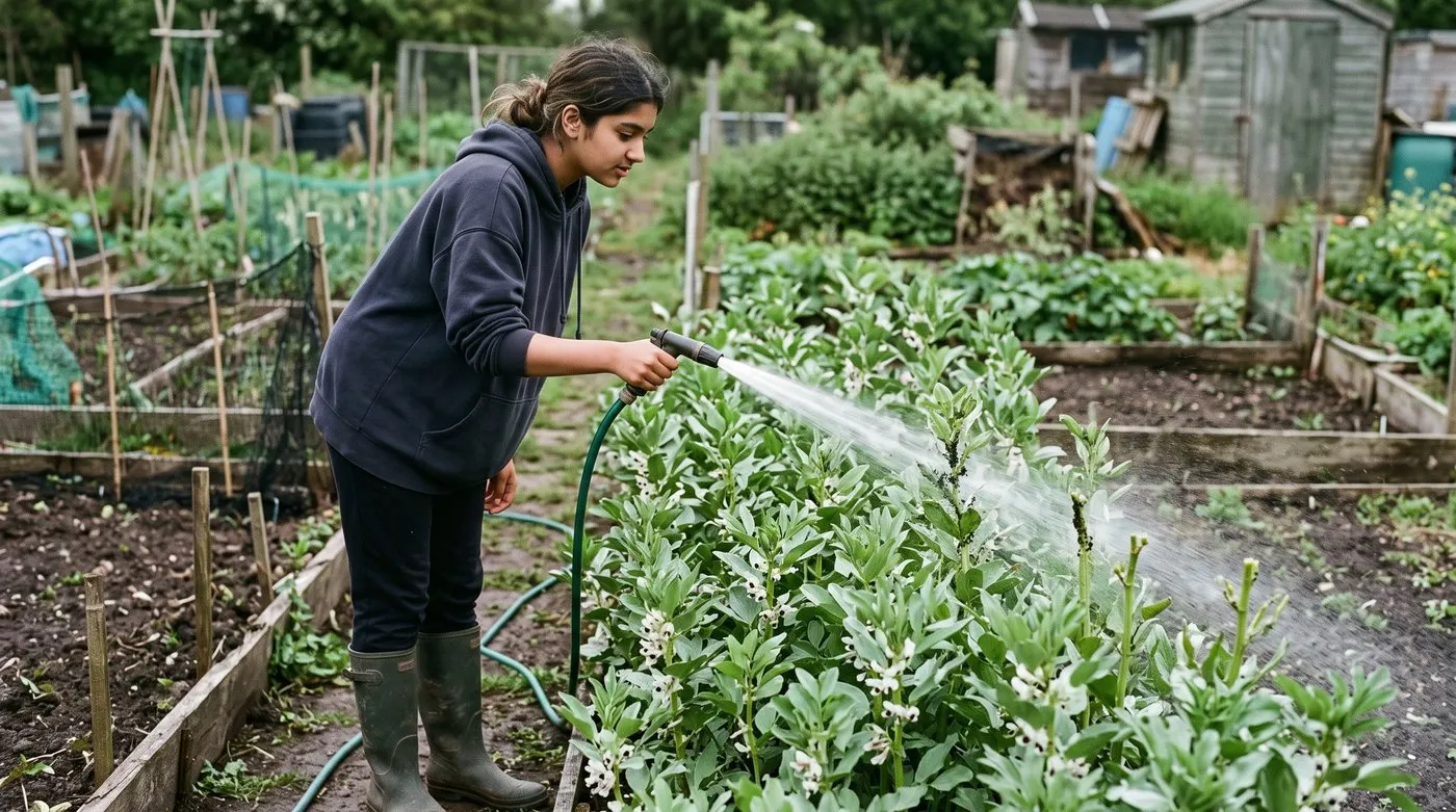 Teenager hosing blackfly aphids off broad bean shoot tips with a strong jet of water on an allotment