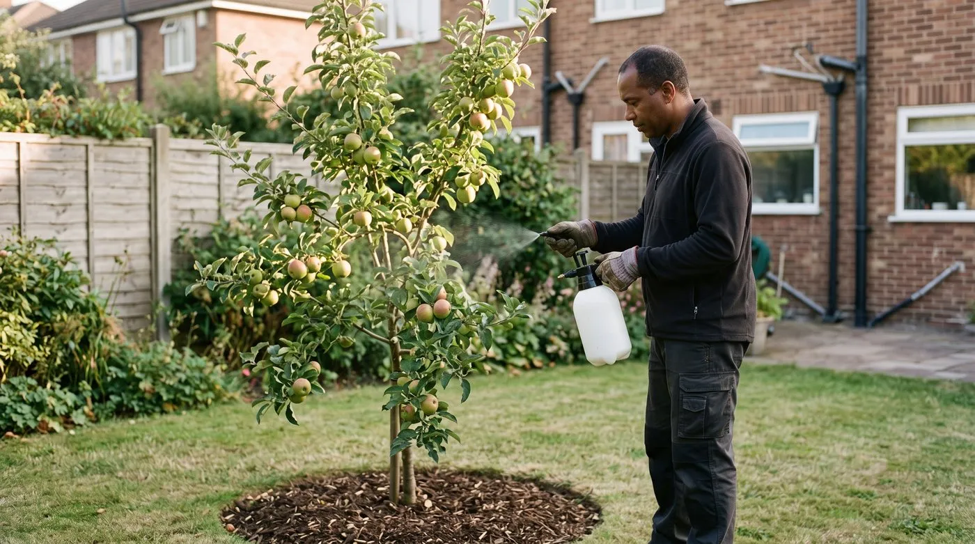 Gardener misting young apples on a small garden apple tree with a hand sprayer on a summer evening