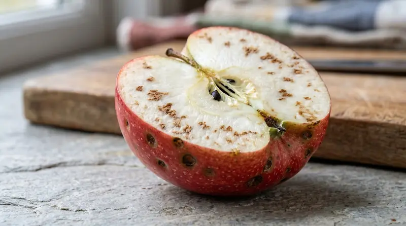 A cut apple showing sunken brown bitter pit spots on the skin and brown flecks in the flesh