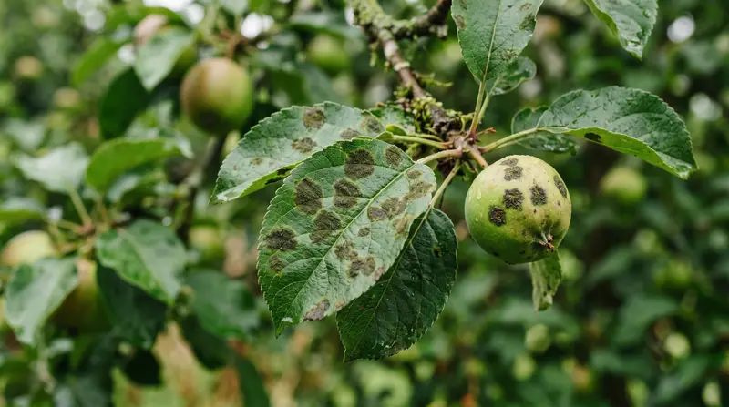 Diagnostic close-up of UK apple leaves showing dark olive-green scab lesions with feathery margins and matching scab spots