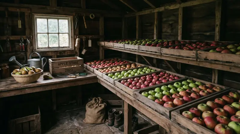 Apples laid out on slatted wooden trays in a cool UK shed with pears ripening in a bowl on a shelf