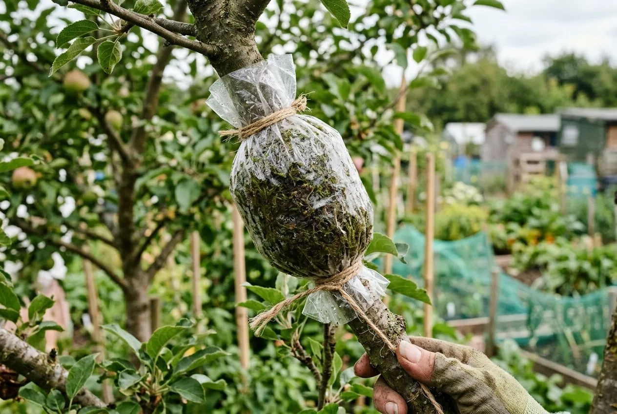 Air-layering a burr knot on an apple branch, wrapped in damp moss and clear plastic