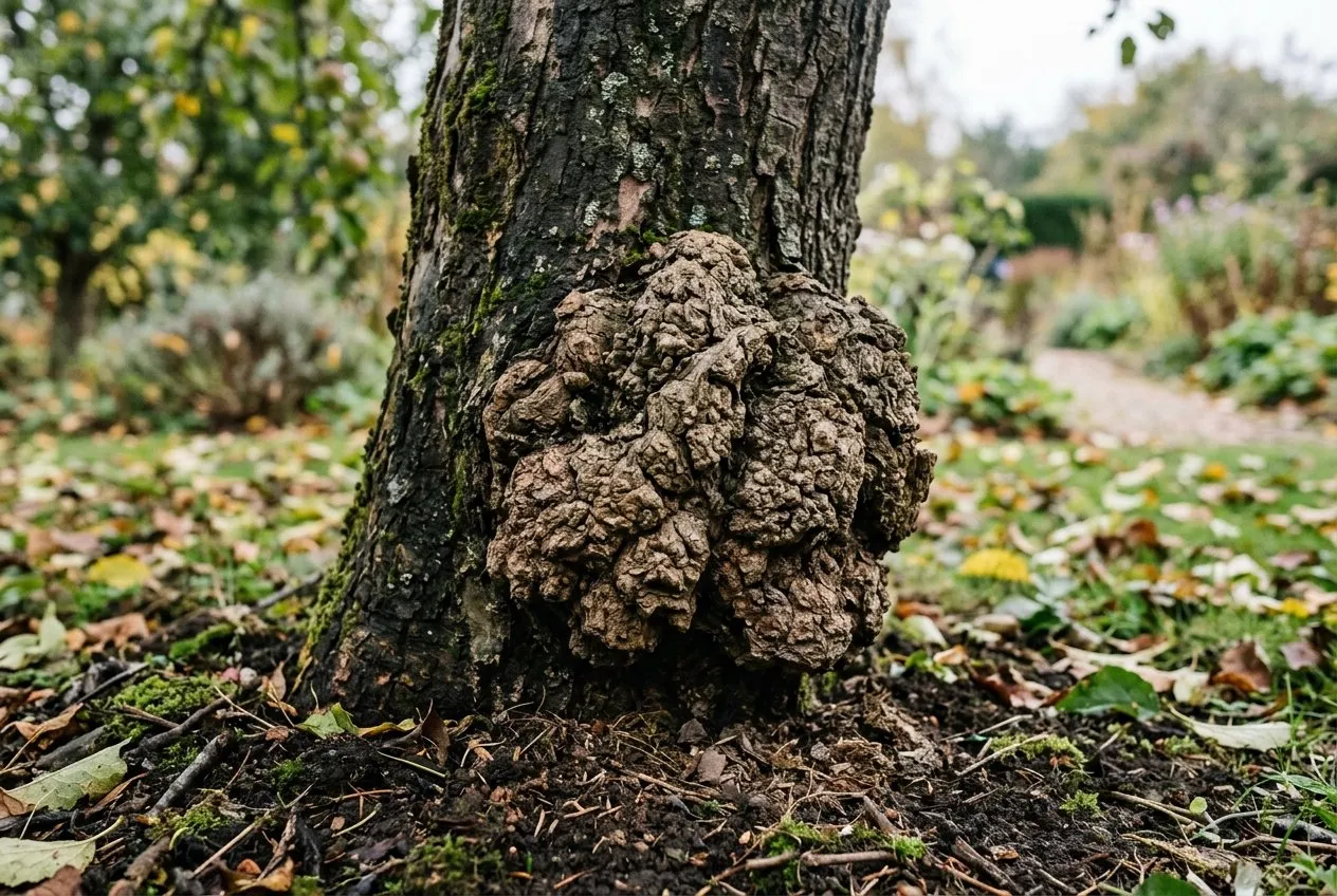 A rough wart-like crown gall tumour at the base of an apple tree trunk at soil level
