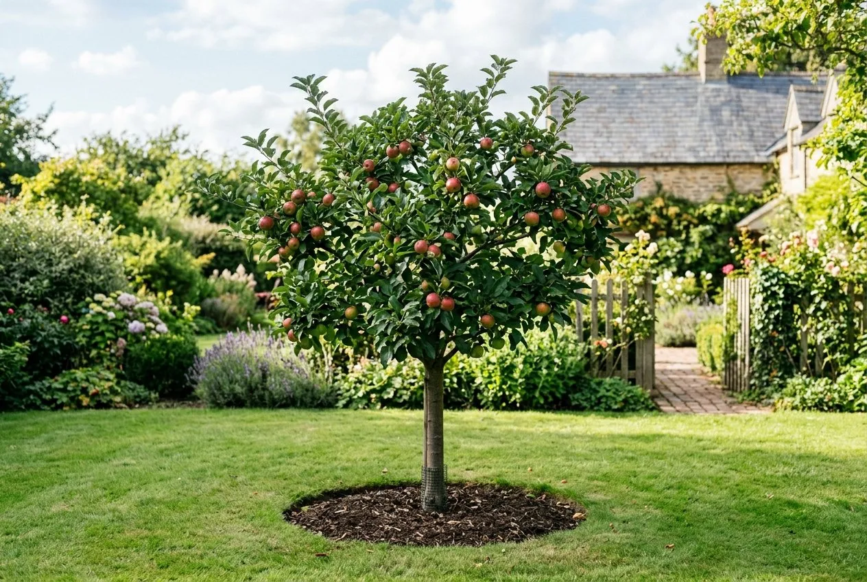 A healthy well-spaced dwarf apple tree in an open sunny UK garden with a clear trunk base