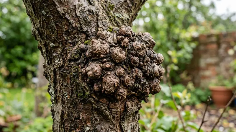 A knobbly cluster of burr knots on the bark of a dwarf apple tree trunk in a UK garden