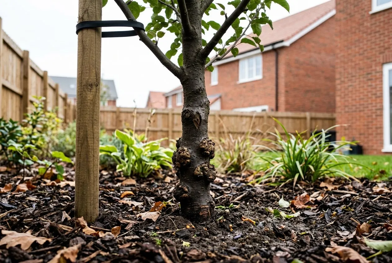 A young dwarf apple tree on M26 rootstock staked in a UK estate garden with small burr knots near the base