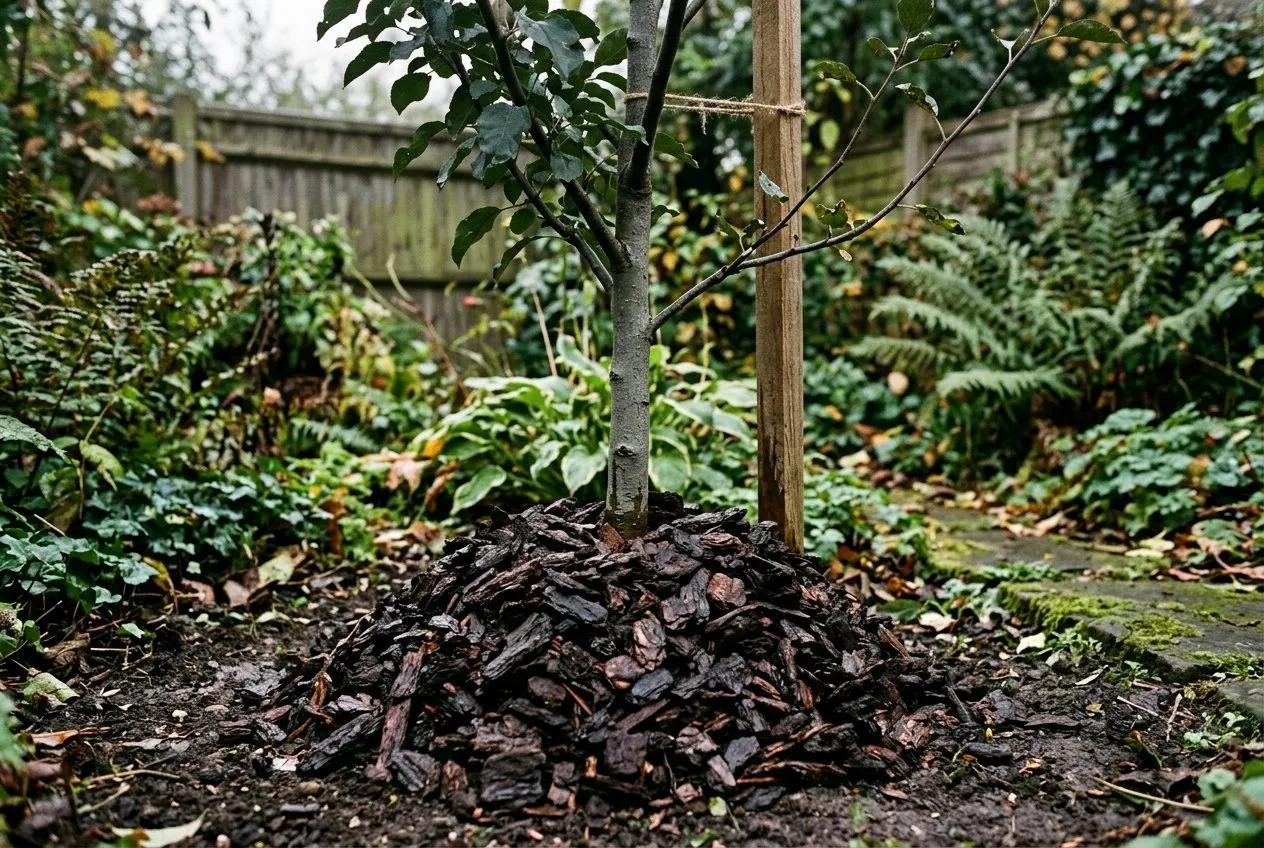 Bark mulch piled against the trunk of a young apple tree, a common mistake that traps damp