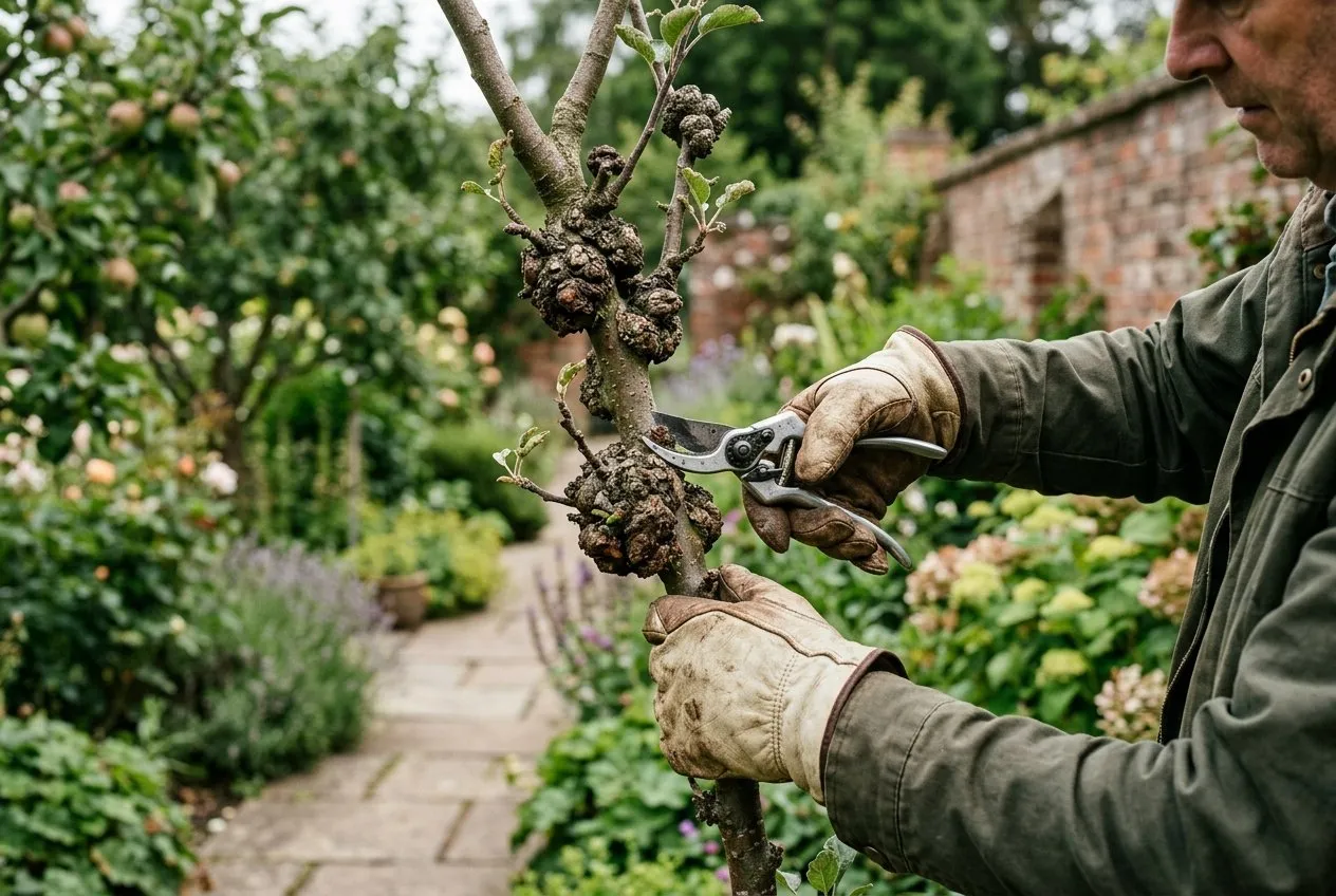 A gardener using clean secateurs to prune a burr-knot-covered apple branch