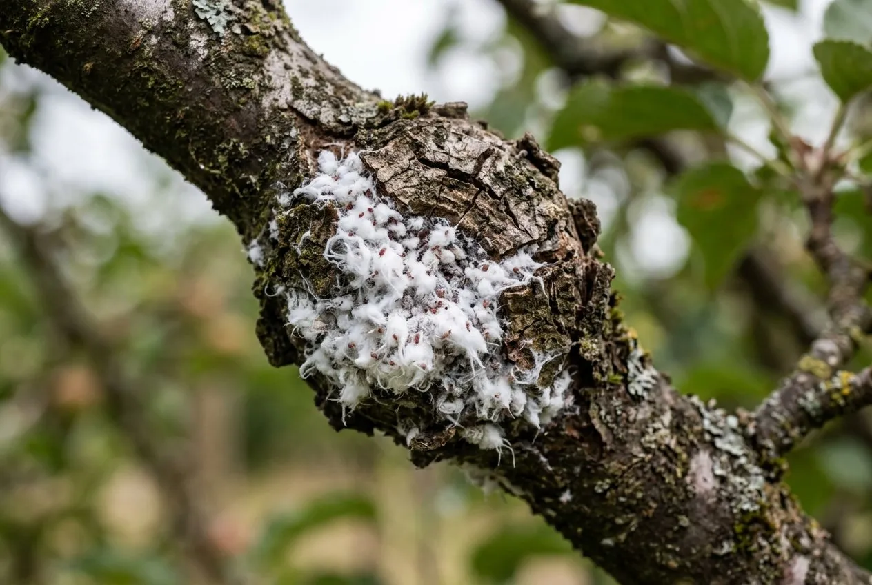 White woolly aphid fluff colonising a cracked burr knot on an apple branch