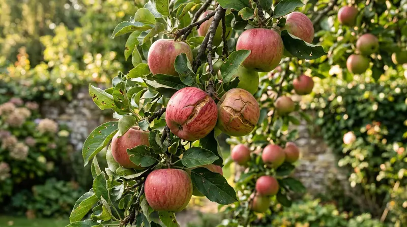 An apple tree branch in a UK garden with two split, cracked apples among otherwise healthy fruit in late summer