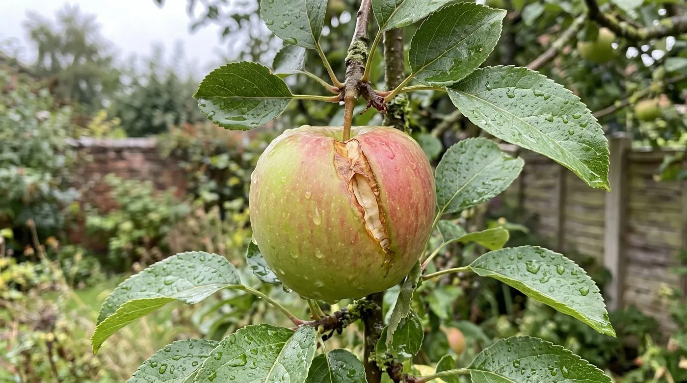 Red apple on the tree with a natural split down one side after heavy rain
