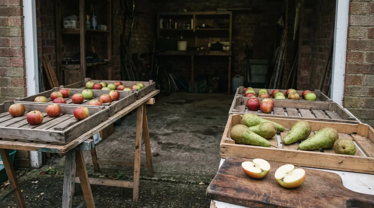 Apples and pears in single layers on slatted trays in a cool garage, with one apple cut open in front