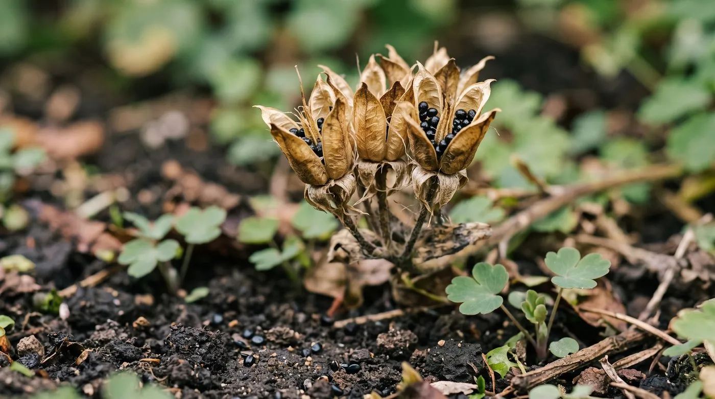 Ripe aquilegia seed pods split open to show black seeds, with seedlings coming up below