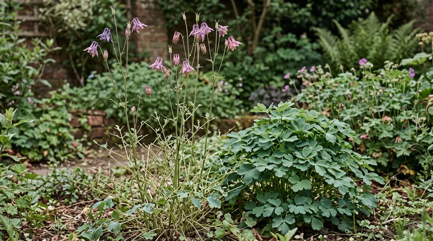 Aquilegia leaves stripped to bare stalks by sawfly beside an undamaged plant