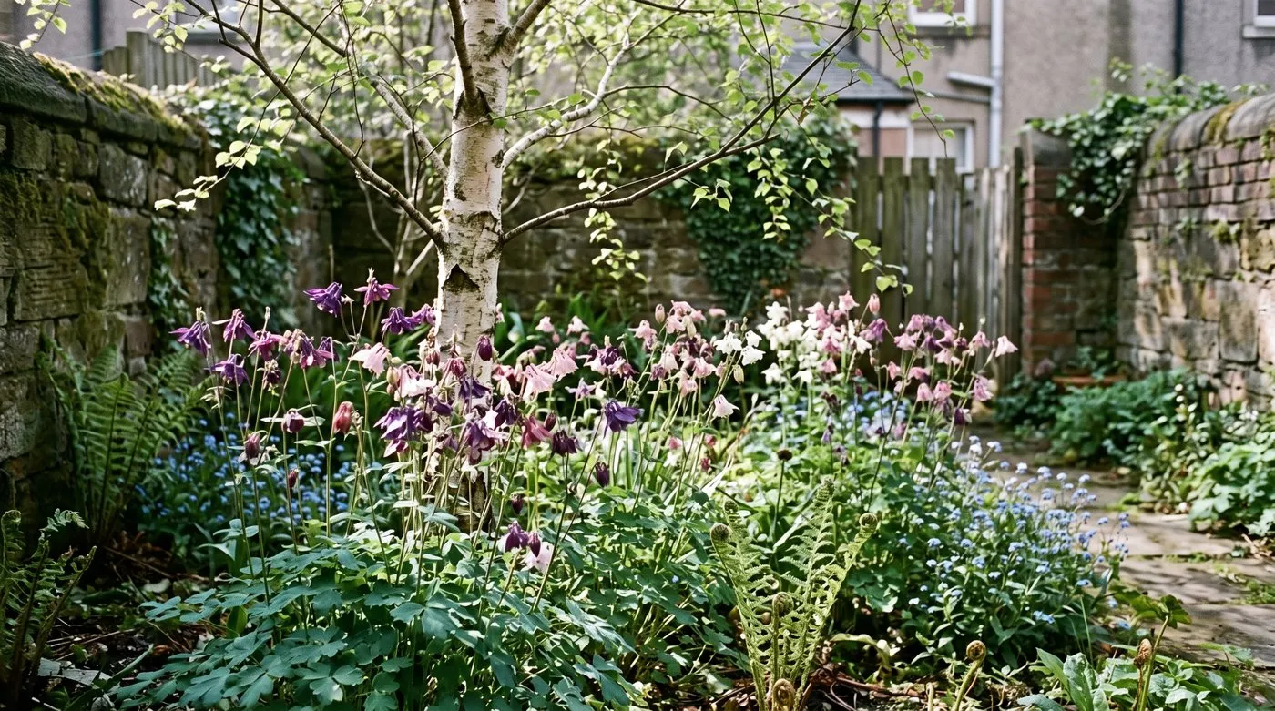 Purple, pink and white aquilegias flowering with ferns and forget-me-nots under a birch tree