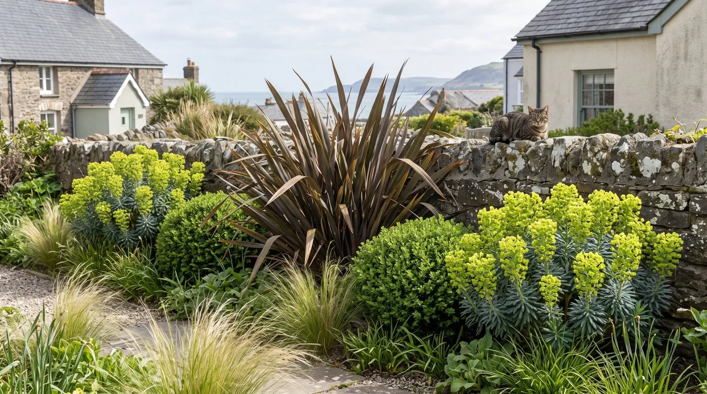 Sunny border with repeated Euphorbia characias, rounded hebes and one bronze Phormium as a focal point