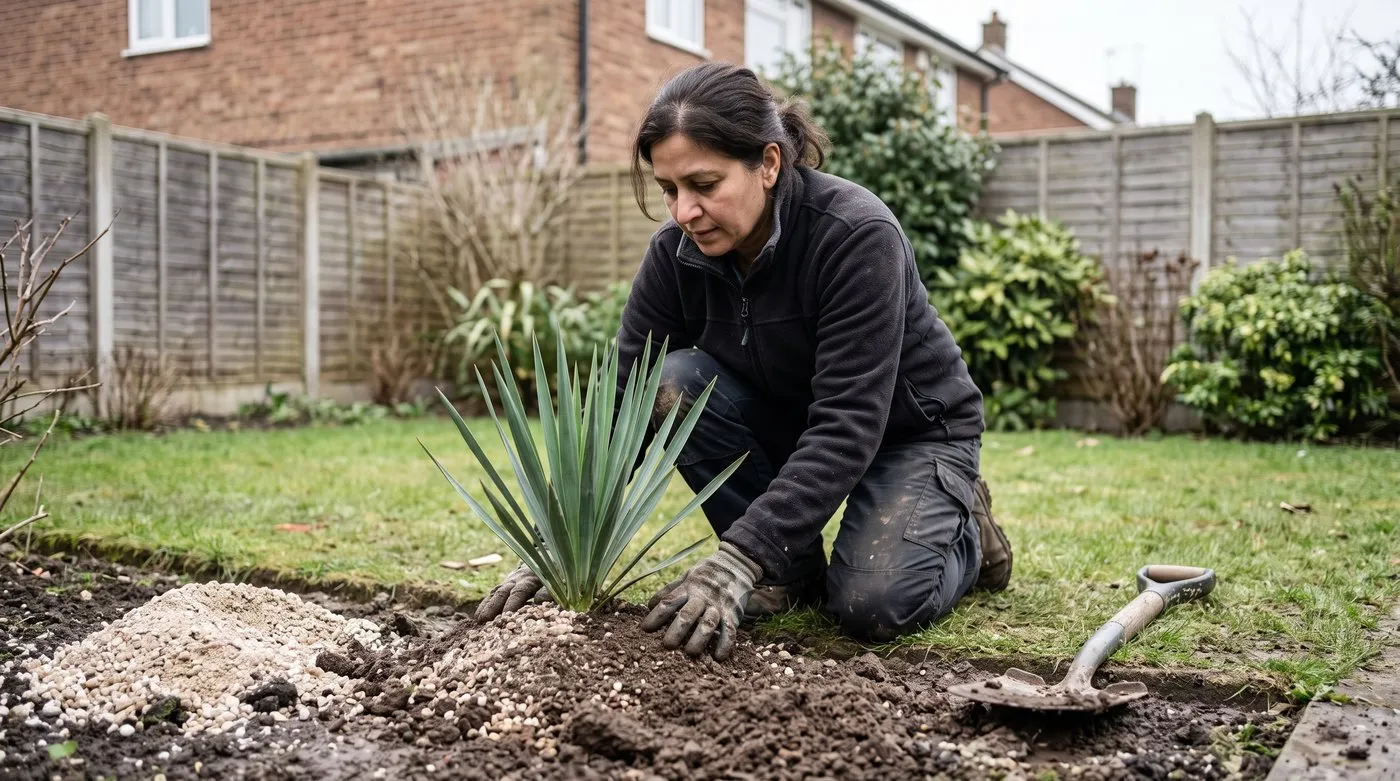 Gardener planting a young yucca on a low mound of gritty soil in a clay border