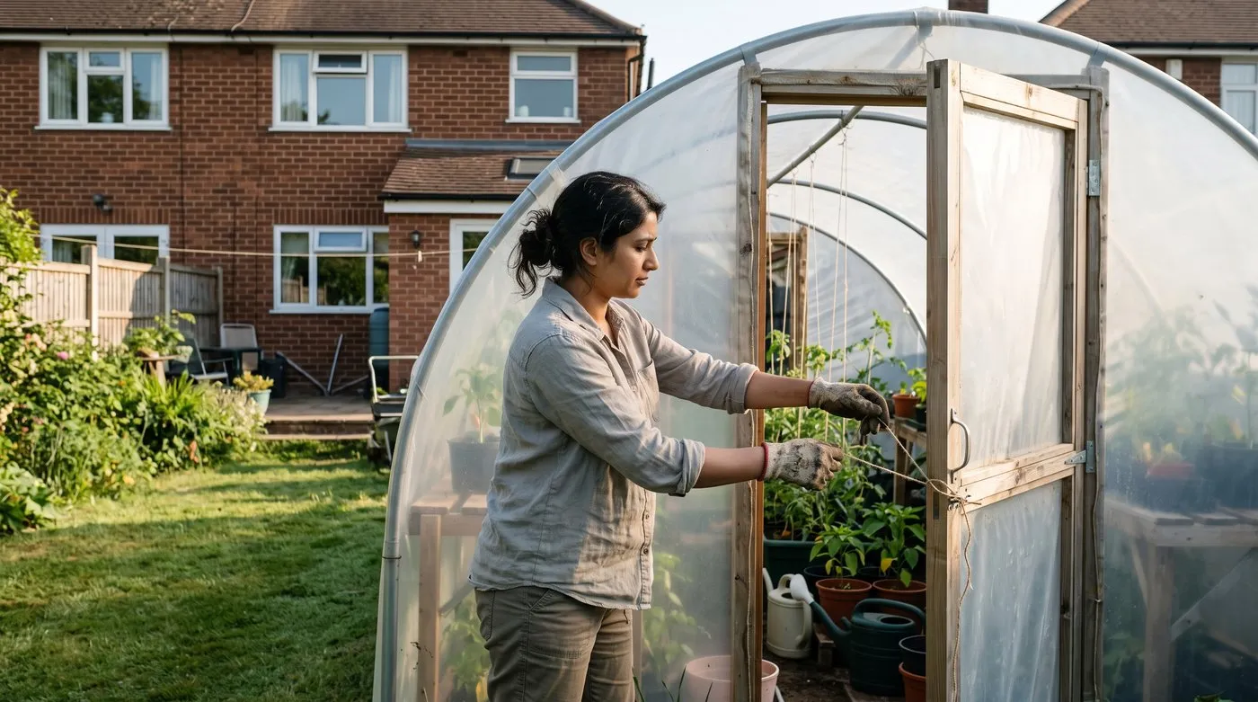 Gardener tying open the door of a polytunnel on a sunny morning to let hot air out
