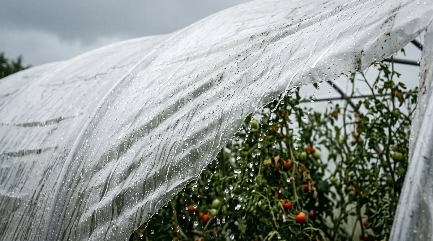 Polytunnel cover with rain beads sliding off the polythene roof in summer downpour