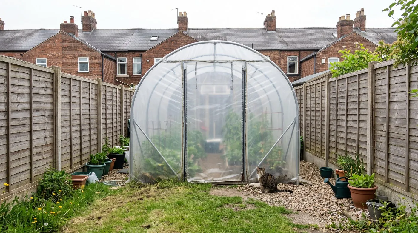 Small polytunnel at the end of a narrow terraced back garden with a cat sitting on the path