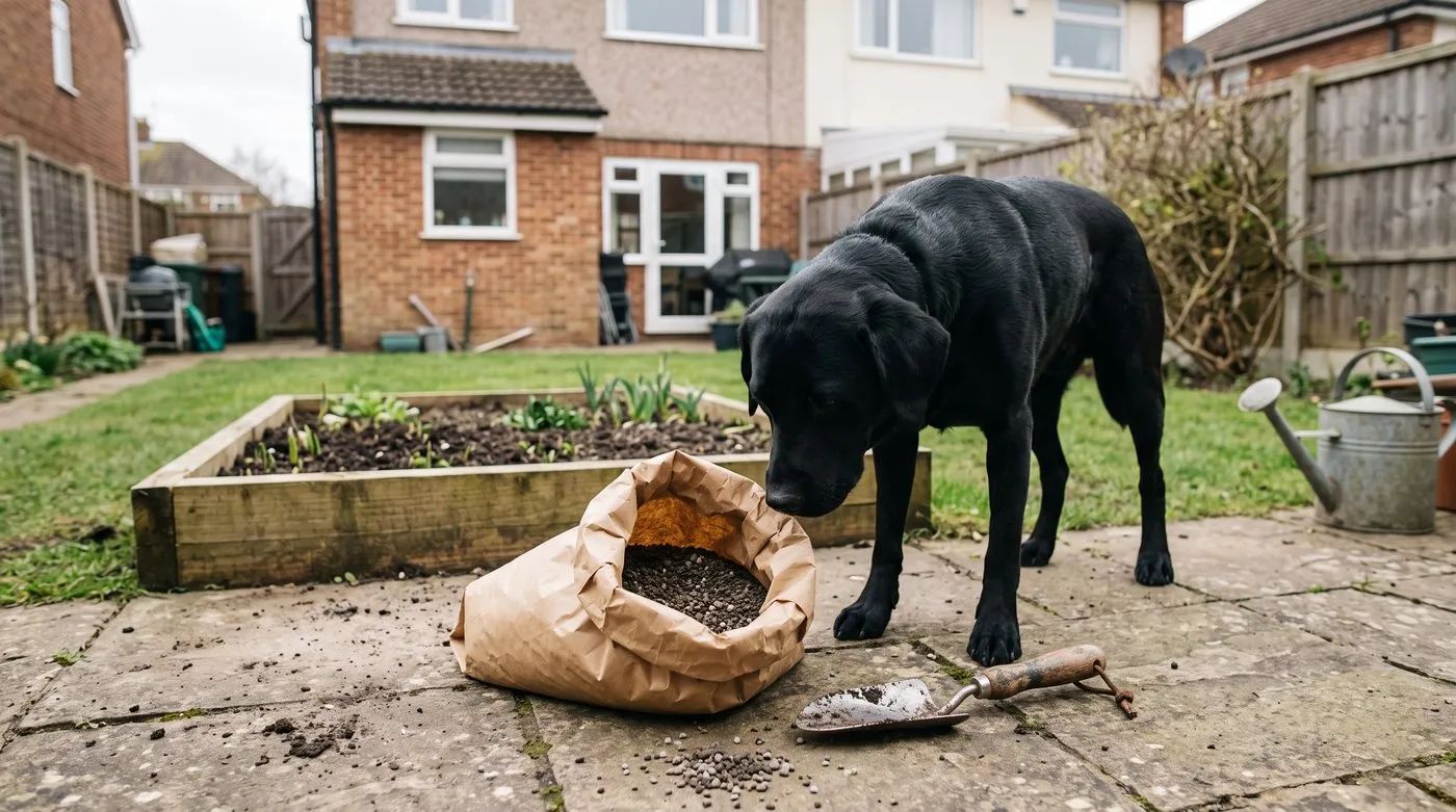 Labrador sniffing an open sack of granular fertiliser left on a garden patio