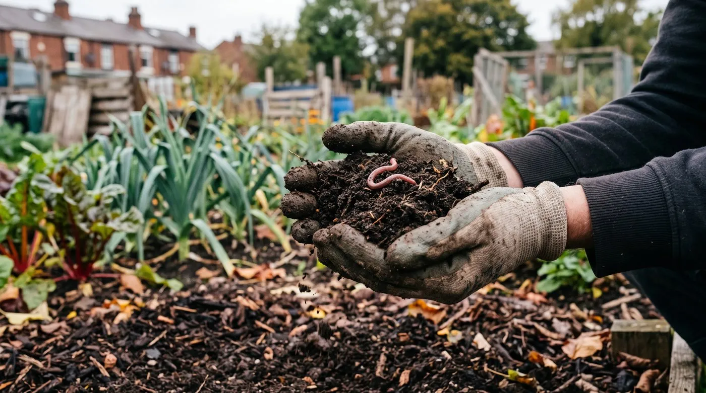 Gloved hands holding dark crumbly soil with an earthworm above a compost-mulched vegetable bed