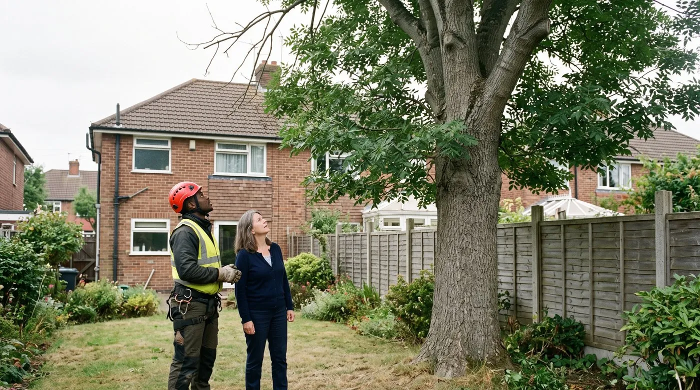 Tree surgeon looking up at an ash tree with dead upper branches in a suburban back garden