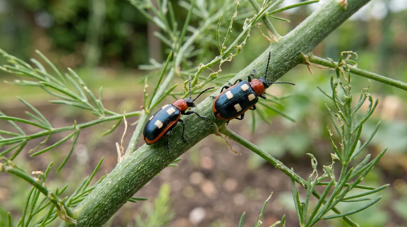 Two asparagus beetles with red thoraxes and cream-spotted wing cases on an asparagus fern stem