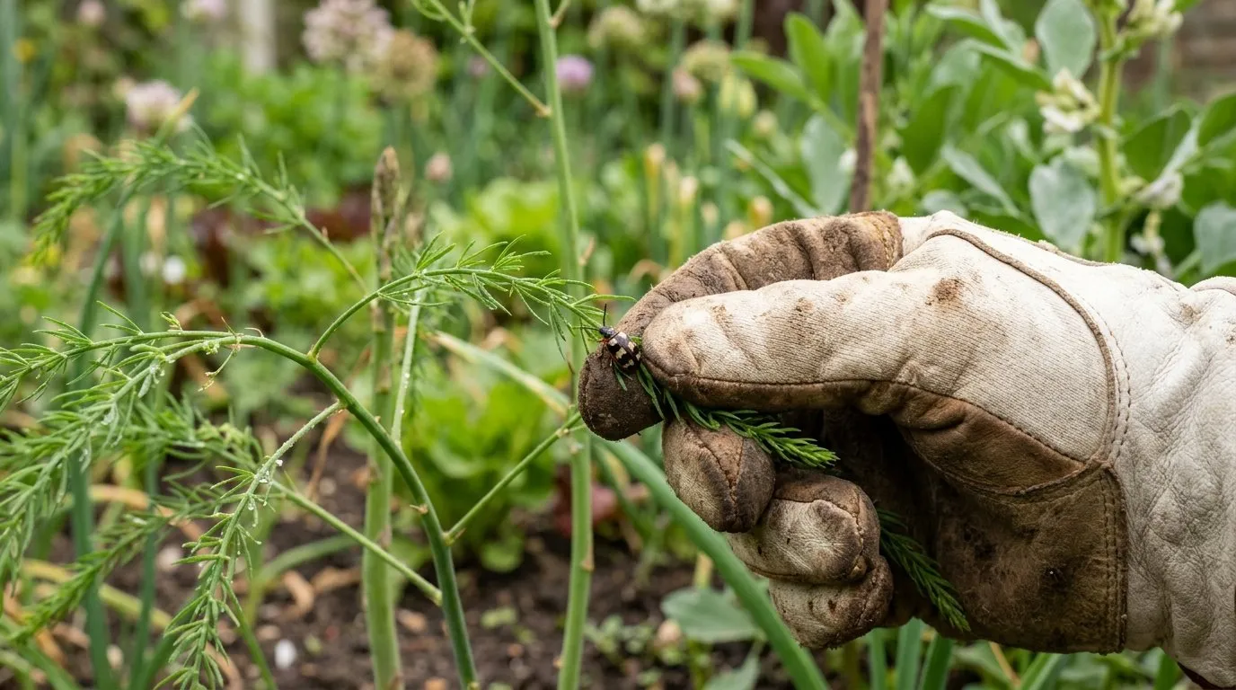 A gardener's gloved hand picking a black-and-cream Asparagus beetle off a fern-leaved asparagus plant in a UK vegetable garden in May
