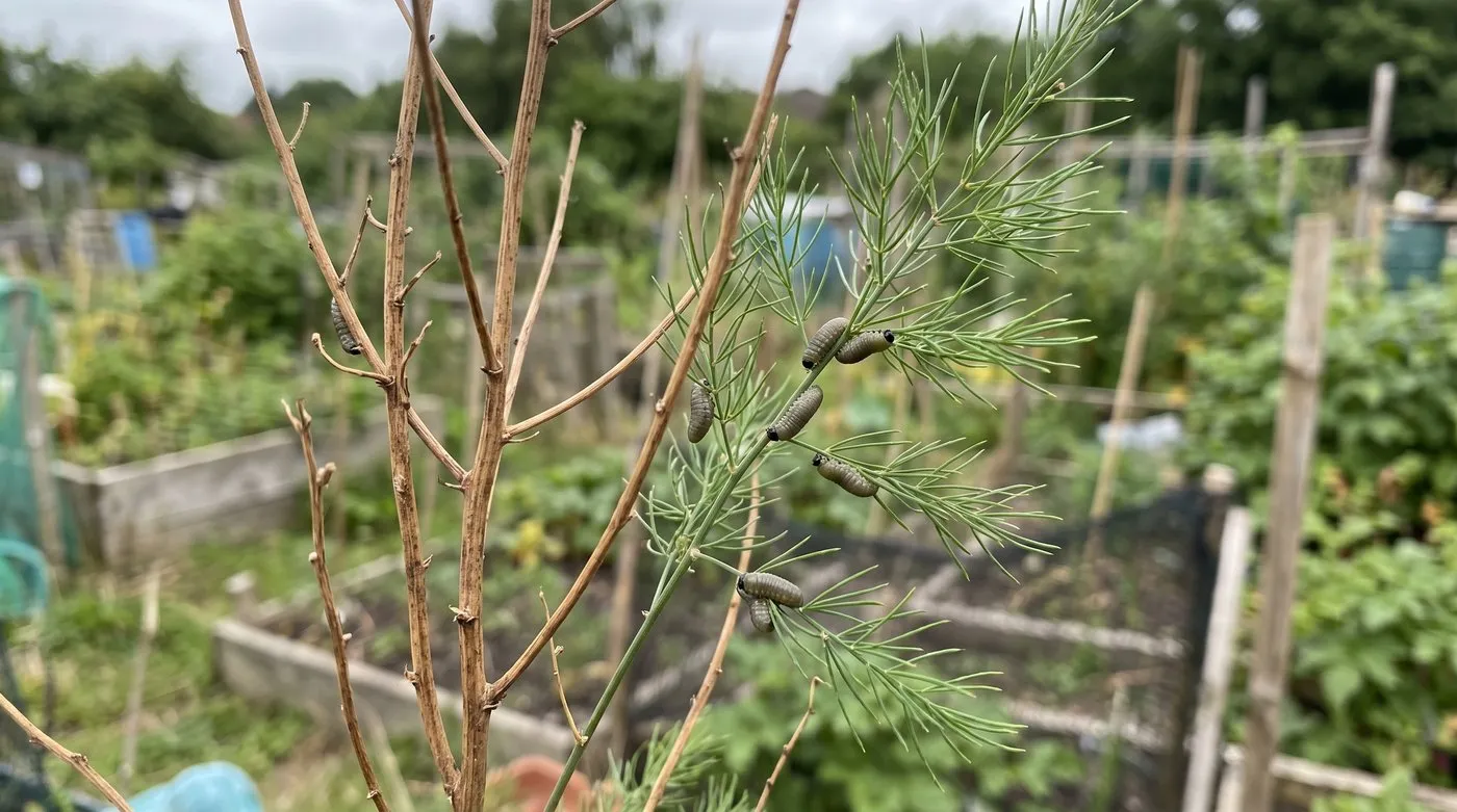 Asparagus fern stripped to bare stems by small grey asparagus beetle grubs
