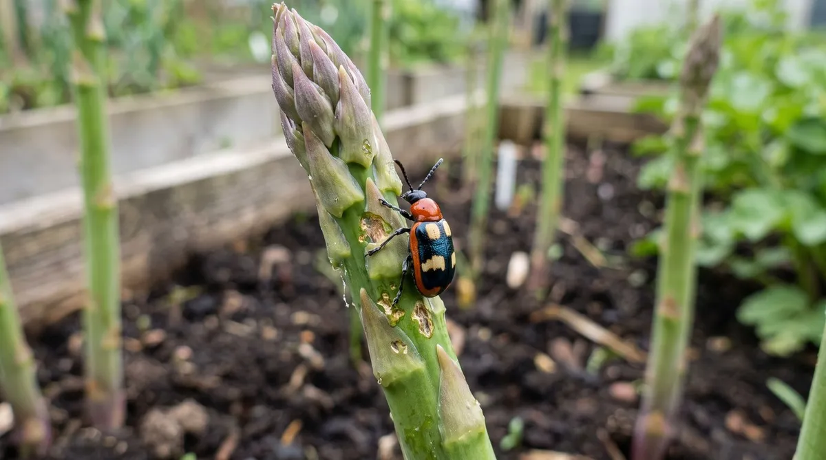 Asparagus beetle with a red thorax and cream-spotted dark wing cases on a young asparagus spear