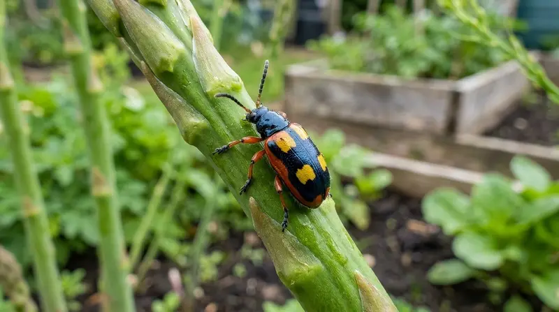 Asparagus beetle UK adult on green spear showing yellow squares on dark blue back