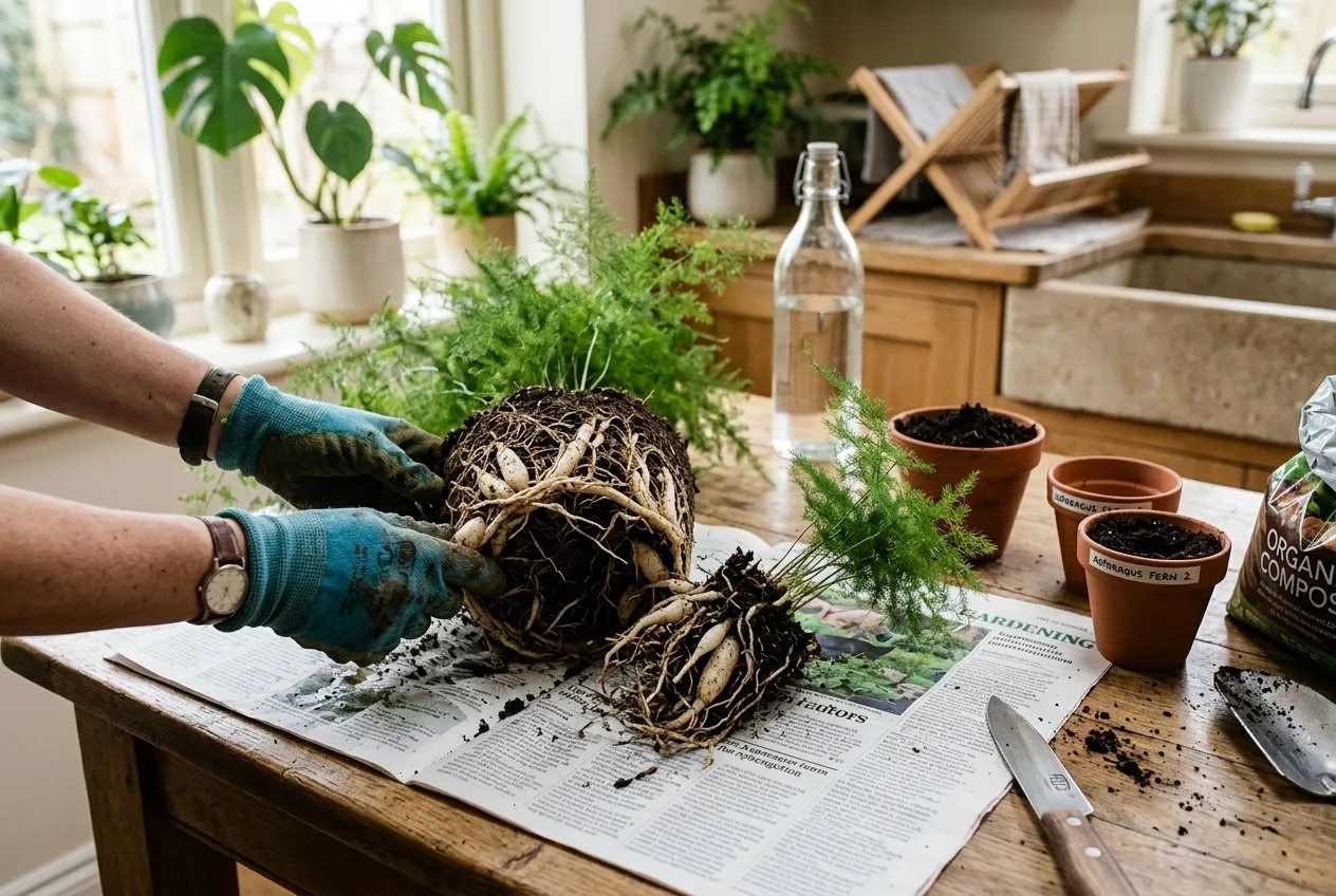 Asparagus fern being divided for propagation with root ball separated on newspaper and terracotta pots ready