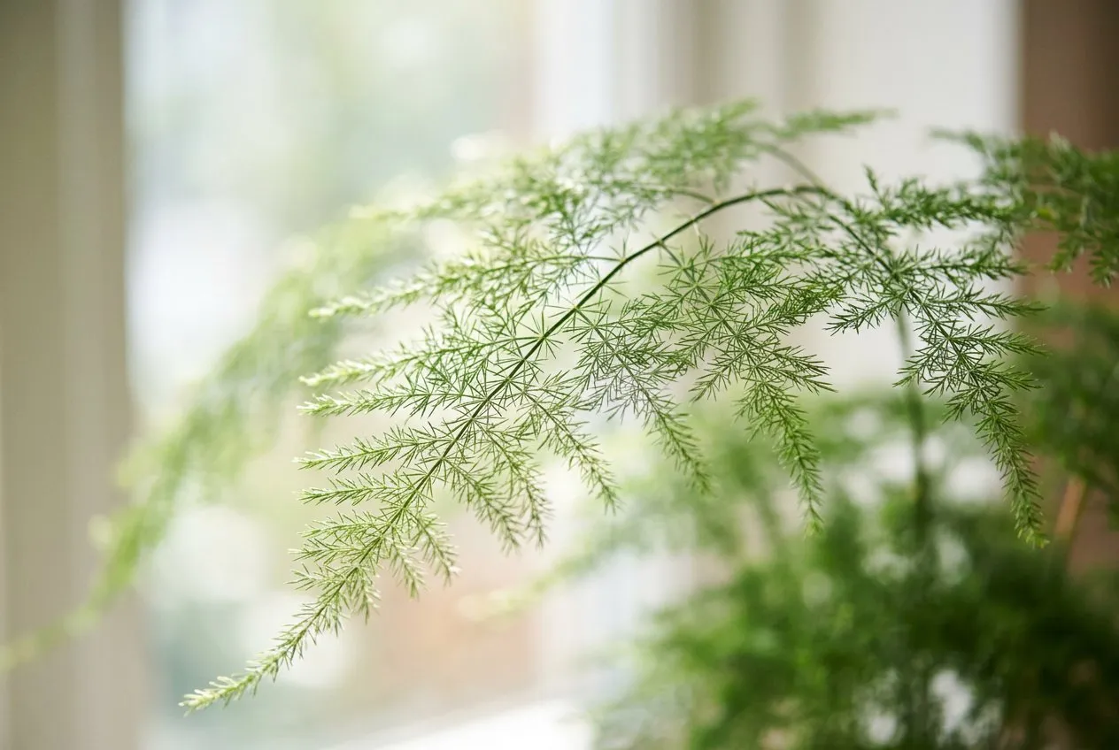 Close-up of asparagus fern foliage showing the fine feathery needle-like texture of Asparagus setaceus