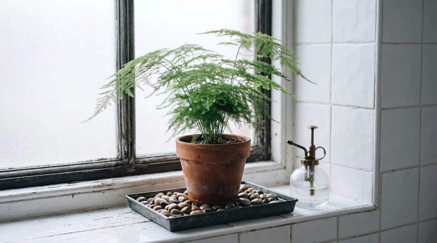 Asparagus fern on a pebble tray on a bright bathroom windowsill to keep the air around it moist